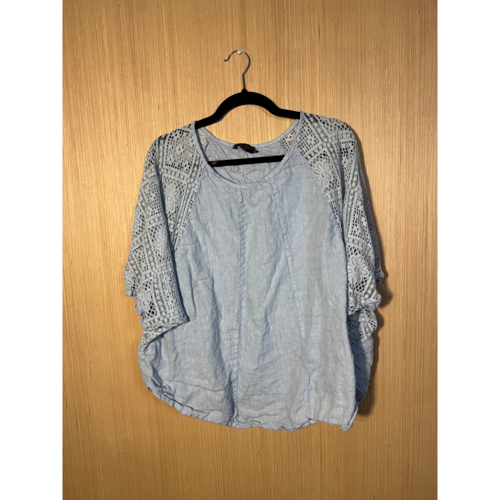 Bella Amore Made in Italy Linen Crochet Lace Sleeve Top Light Blue L/XL CS20122